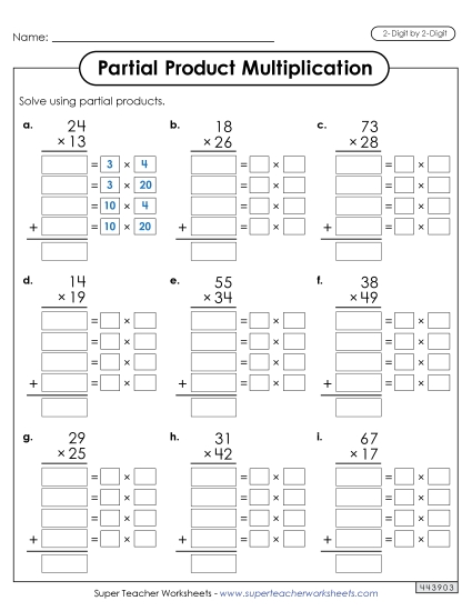 2-Digit by 2-Digit - Write Out the Factors (Partial Products: 2-Digit by 2-Digit) (Printable PDF Worksheet)