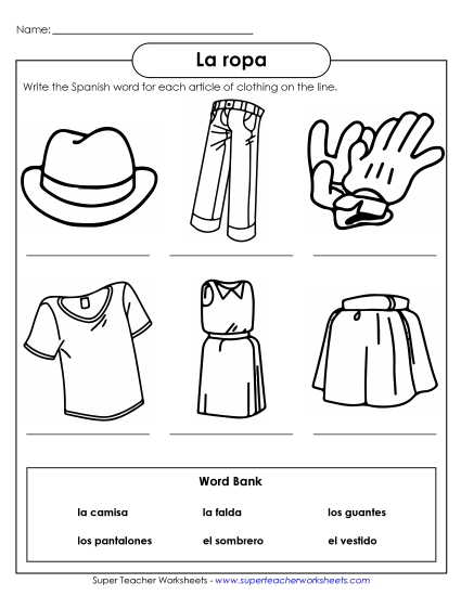 Clothing (Las ropas) - Write the Word: Clothing (Printable PDF Worksheet)