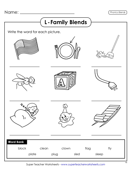 Worksheets - Write the Words: L-Blends (Printable PDF Worksheet)