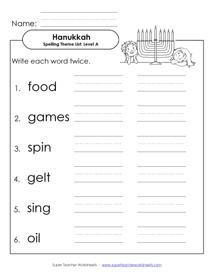 Worksheets and Activities - Write the Words Twice (A-Hanukkah)  (Printable PDF Worksheet)