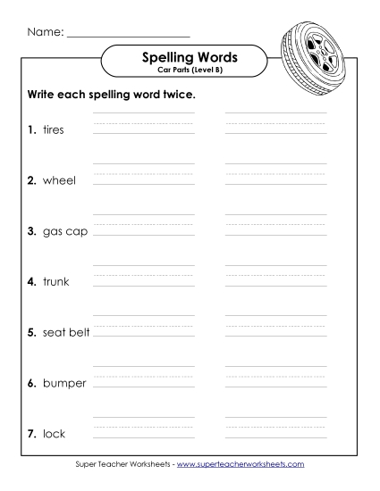 Worksheets and Activities - Write Twice (B-Car Parts)  (Printable PDF Worksheet)