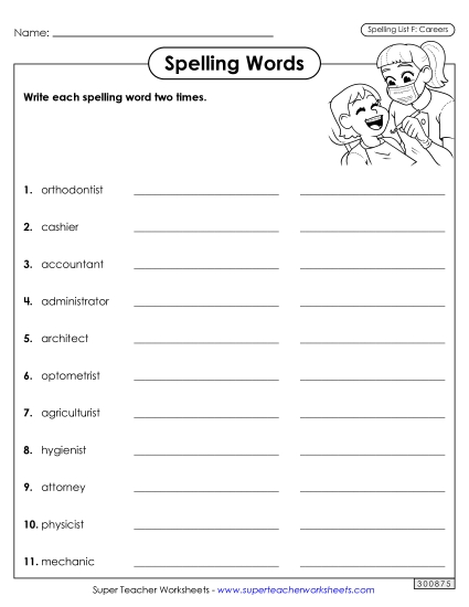 Worksheets and Puzzles - Write Words Twice (Careers) (Printable PDF Worksheet)