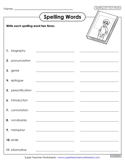 Worksheets and Puzzles - Write Words Twice (ELA) (Printable PDF Worksheet)