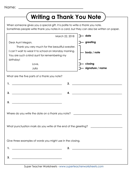 Friendly Letter Writing - Writing a Thank You Note #1 (Printable PDF Worksheet)