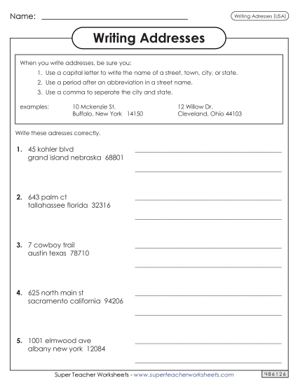 Intermediate Level - Writing Addresses (USA) (Printable PDF Worksheet)