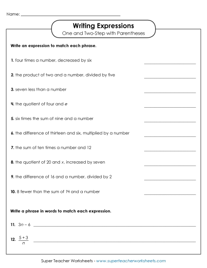 Level: Advanced (2-Step w/ Parenthesis) - Writing Algebraic Expressions (One & Two-Step w/ Parenthesis) (Printable PDF Worksheet)