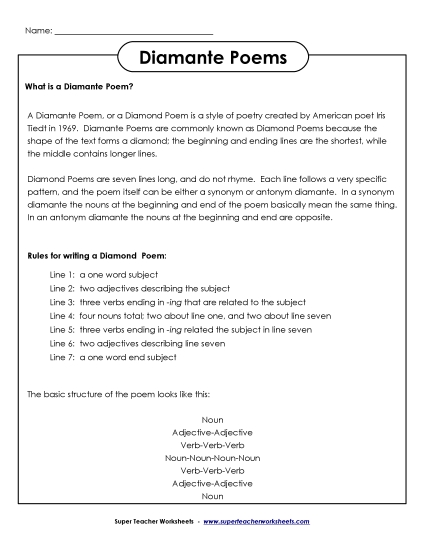 Diamante Poems - Writing Diamante Poems (Printable PDF Worksheet)