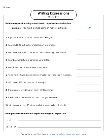 Level: Basic (1-Step; No Parenthesis) - Writing Expressions (One Step) (Printable PDF Worksheet)