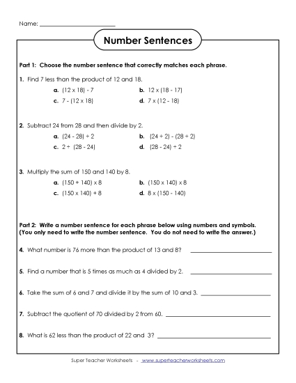 Writing Number Sentences (Printable PDF Worksheet)