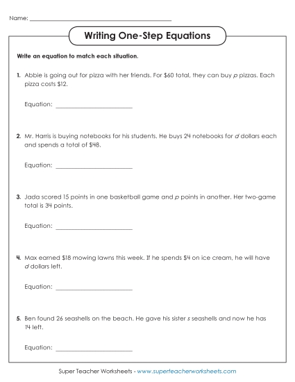 Addition, Subtraction, Multiplication & Division - Writing One Step Equations (Basic) (Printable PDF Worksheet)