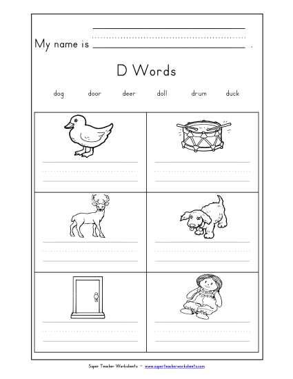 Worksheets - Writing Words that Start with D (Printable PDF Worksheet)