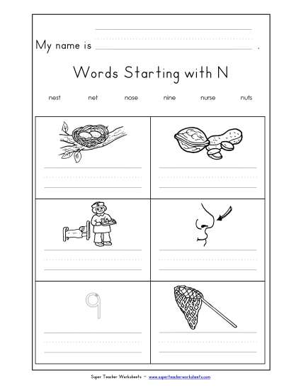 Worksheets - Writing Words that Start with N n (Printable PDF Worksheet)