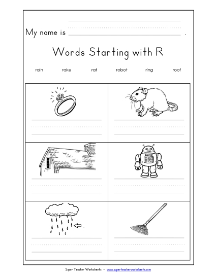 Worksheets - Writing Words that Start with R r (Printable PDF Worksheet)
