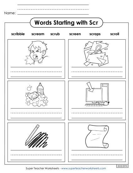 Worksheets - Writing Words That Start with Scr- (Printable PDF Worksheet)