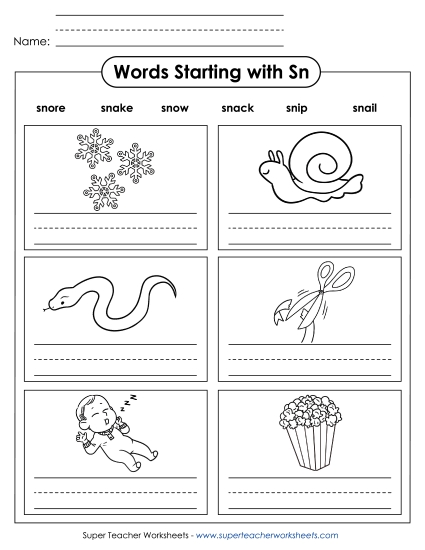 Worksheets - Writing Words that Start with SN (Printable PDF Worksheet)