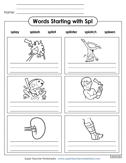 Worksheets - Writing Words that Start with Spl- (Printable PDF Worksheet)