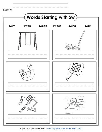 Worksheets - Writing Words that Start with SW (Printable PDF Worksheet)