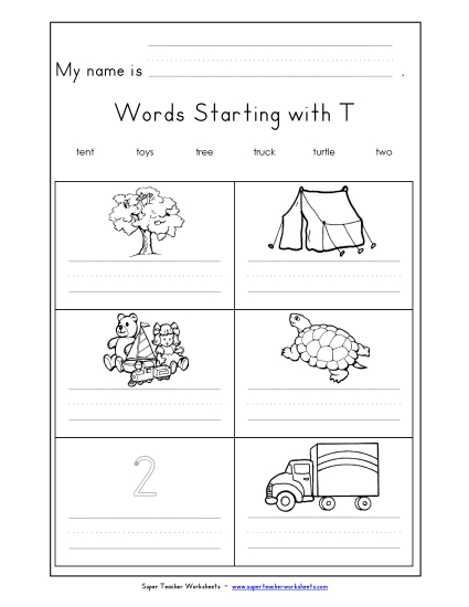 Worksheets - Writing Words that Start with T t (Printable PDF Worksheet)