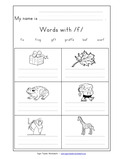 Worksheets - Writing Words with F f (Printable PDF Worksheet)