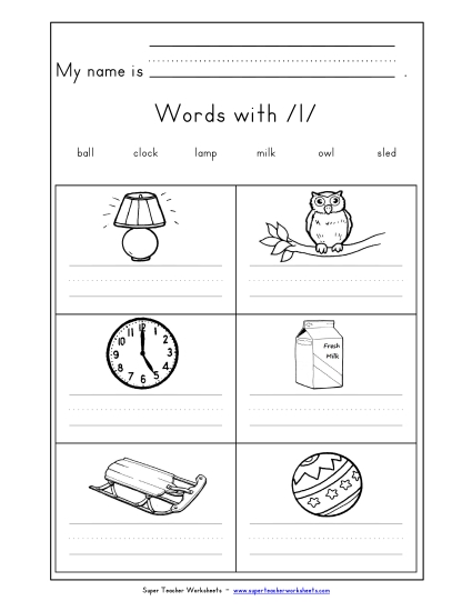 Worksheets - Writing Words with L l (Printable PDF Worksheet)