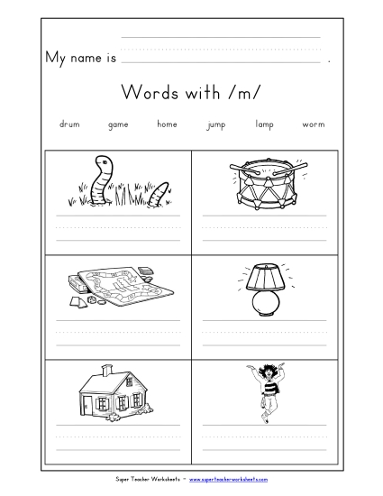 Worksheets - Writing Words with M m (Printable PDF Worksheet)