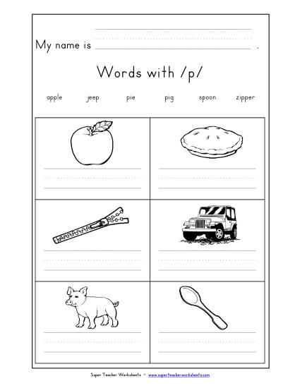 Worksheets - Writing Words with P p (Printable PDF Worksheet)