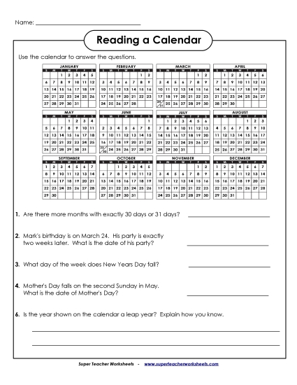 Calendars (Intermediate) - Yearly Calendar (Intermediate) (Printable PDF Worksheet)