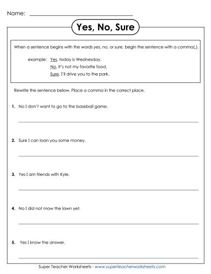 Commas After Interjections - Yes, No, Sure (Printable PDF Worksheet)