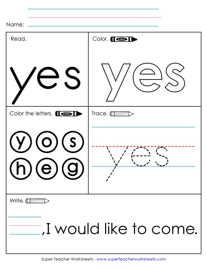 Individual Sight Words - Yes (Sight Word) (Printable PDF Worksheet)