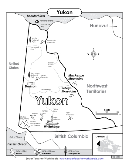 Maps - Yukon Map (Black & White) (Printable PDF Worksheet)