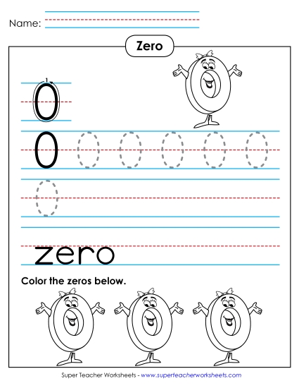 Number Zero - Zero: Trace, Print, Color (Printable PDF Worksheet)