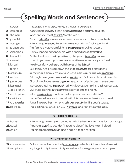 Spelling Sentences (Thanksgiving) Spelling F Worksheet