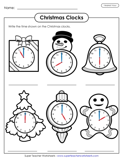 Christmas Clocks Nearest Hour Worksheet