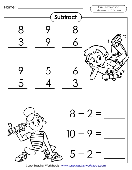 Basic Subtraction Facts: Toys (Minuends 10 or Less)