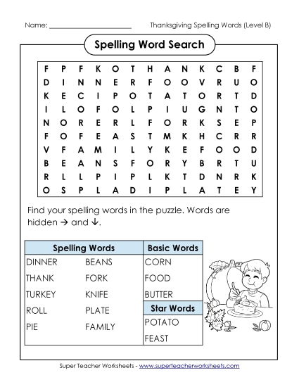Word Search (B-Thanksgiving)  Spelling B Worksheet