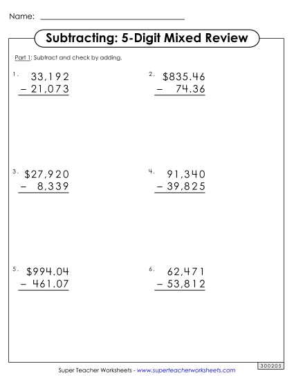 5-Digit Subtraction: Mixed Review