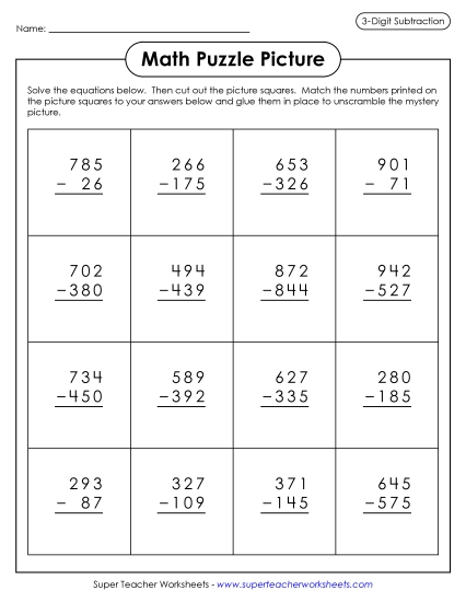 Easter Bunnies Math Picture Puzzle<br>(3-Digit Subtraction)