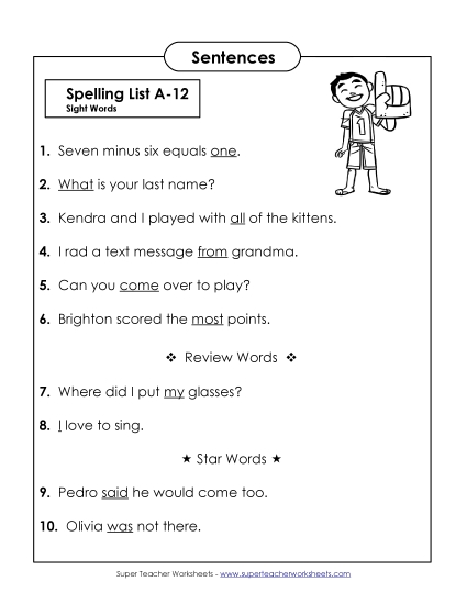 Spelling Test Sentences (A-12)