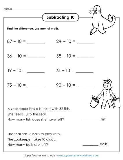 Subtracting 10 (Horizontal w/ Word Problems)