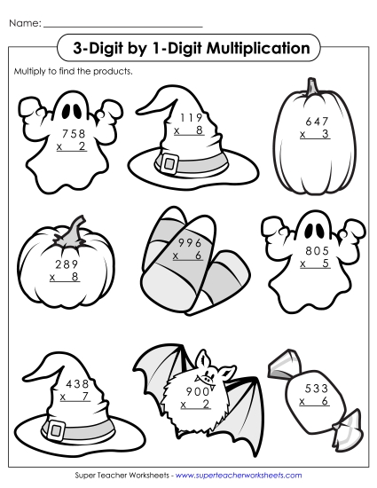 3-Digit Halloween Multiplication Worksheet