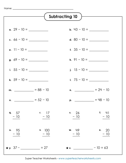 Subtracting 10 (Horizontal & Vertical)