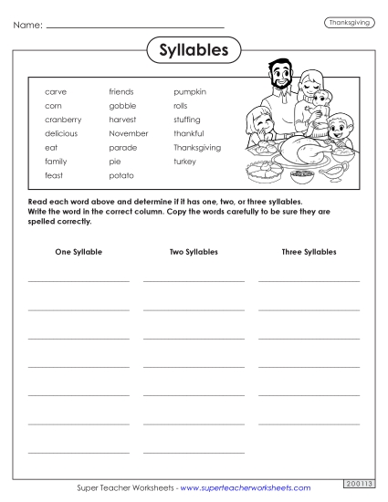 Thanksgiving Syllables Worksheet