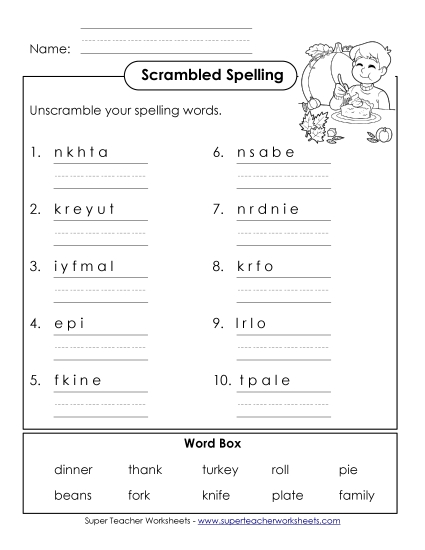 Word Unscramble (B-Thanksgiving)  Spelling B Worksheet
