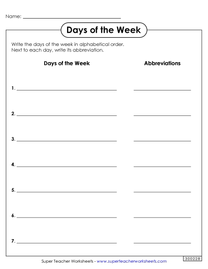 Day of the Week<br>ABC Order & Abbreviations