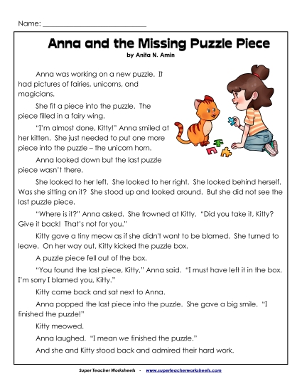 Anna and the Missing Puzzle Piece 2nd Grade Reading Comprehension Worksheet