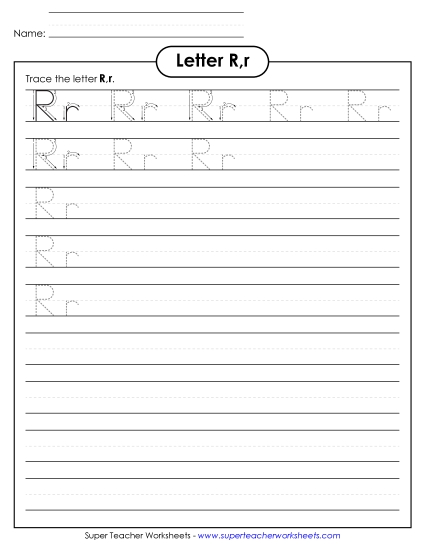 Letter R, r - Tracing (Smaller Font Size) Alphabet Worksheet