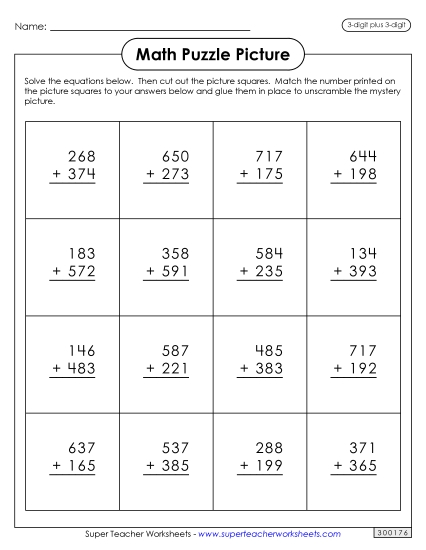 Addition Puzzle Picture: Cinco de Mayo<br>(3-Digit Plus 3-Digit)