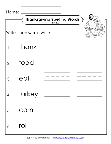Write Twice (A-Thanksgiving)  Free Spelling A Worksheet