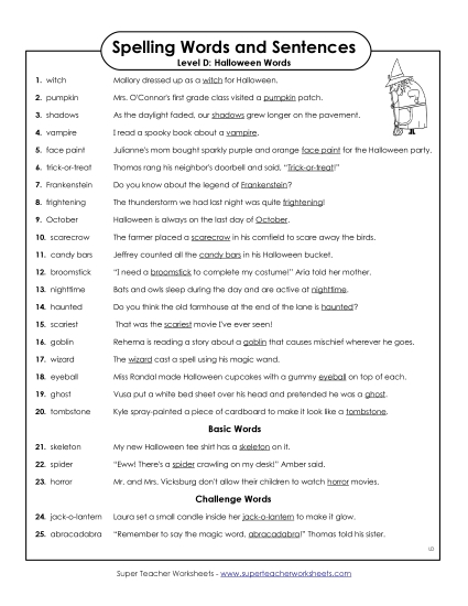 Spelling Test Sentences (D-Halloween)  Spelling D Worksheet
