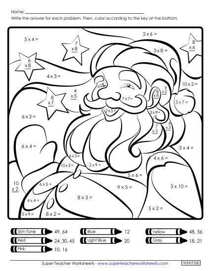 Basic Multiplication Math Picture: Santa Christmas Worksheet